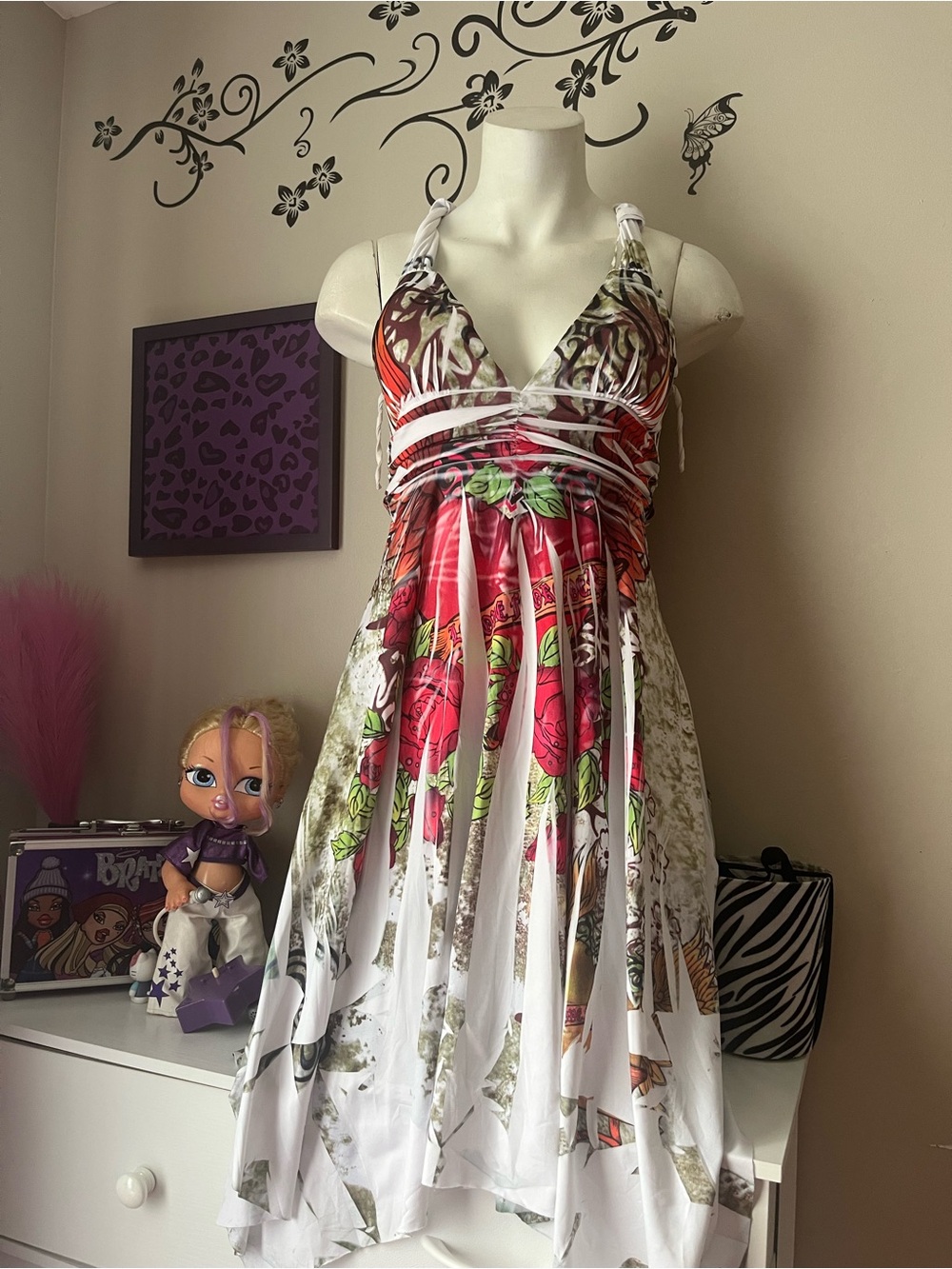 White Floral Asymmetrical Halter Dress with Pink and Green Print